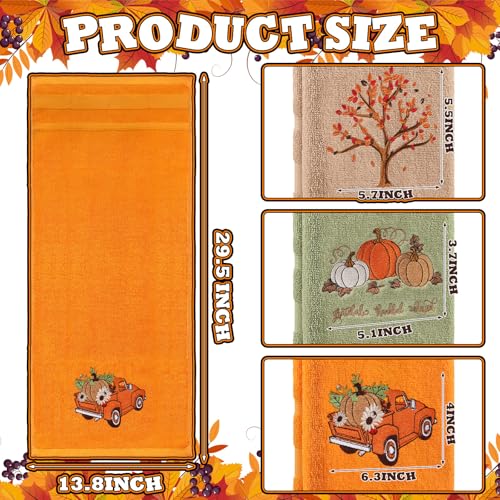 3 Pcs Fall Hand Towels for Bathroom 13.8 x 29.5 Inch Autumn Decorative Bath Towels Sets 100% Cotton Embroidered Pumpkin Maple Thanksgiving Bathroom Decor (Orange and Green / Pumpkin)