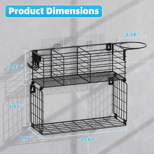 Metal Hair Tool Organizer with Toilet Paper Storage Basket Wall Mount (Black 2 Tiers)