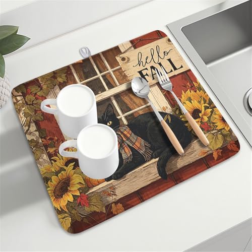Fall Dish Drying Mat for Kitchen Counter Vintage Autumn Cat Sunflower Pumpkin Microfiber Dish Drainer Mat Rustic Farmhouse Absorbent Washable Drying Pad Extra Large 16"x18" (Fall Cat / 18" x 16")