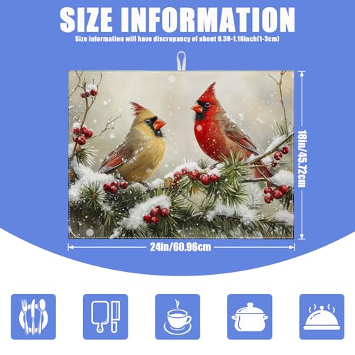 Winter Cardinal Bird Dish Drying Mat for Kitchen Counter Snow Drying Pad Absorbent Reversible Dish Drainer Rack Mats Draining Pad 18"x24"Inch