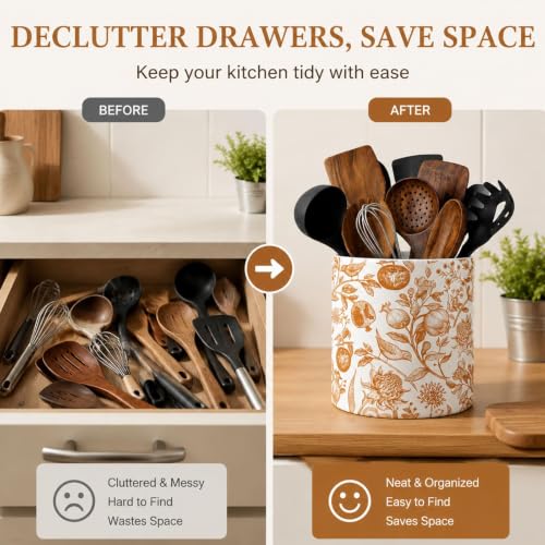 Fall Ceramic Utensil Holder Kitchen Decor Vintage Floral Fruit Bird Flower Utensils Crock for Autumn Thanksgiving Farmhouse Home Kitchen Countertop Organizer Container
