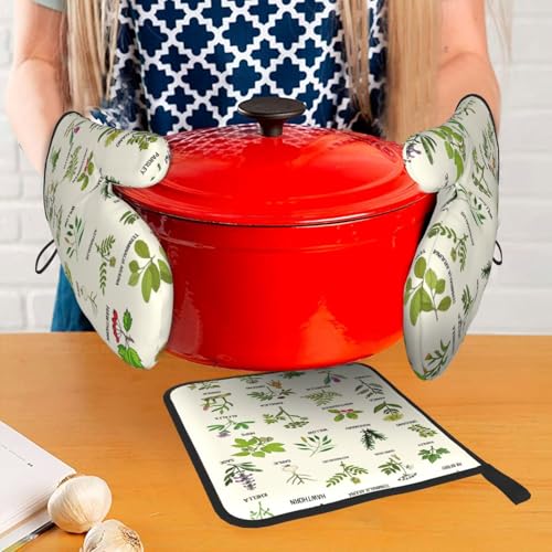 Cute Herbs Botanic Garden Plants Oven Mitts and Pot Holders Sets Heat Resistant for Kitchen BBQ Microwave Baking Grilling Cooks Set of 3 Kitchen Oven Glove (Cute Herbs)