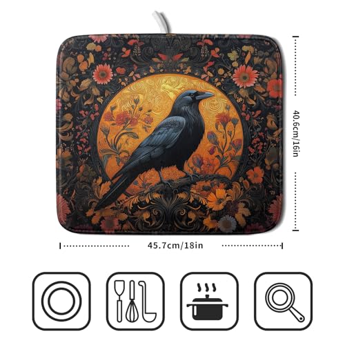 Vintage Crow Dish Drying Mat 16"x18" Gothic Black Raven Boho Flowers Dish Drainer Mats Rustic Halloween Farmhouse Reversible Small Dish Drying Pad Protector for Kitchen Countertop Decor (18" x 16")