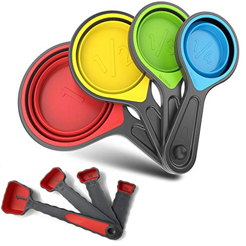 Collapsible Silicone Soft Measuring Cups and Measuring Spoons (Red)