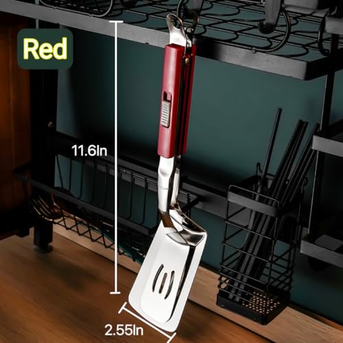 Anti Scald Extended Handle Spatula Tongs 11.6 Inch Multifunctional Stainless Steel Cooking Tongs Food Shovel Clamp for Flipping Steak Fish Bread Hamburger BBQ Frying Pancake Pies Pizza (Red)