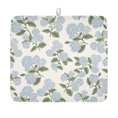 Blue Hydrangea Floral Dish Drying Mat for Kitchen Counter Spring Summer Vintage Flower Microfiber Dish Drainer Mat Rustic Farmhouse Absorbent Washable Drying Pad 16"x18" (Spring Summer Hydrangea / 18" x 16")