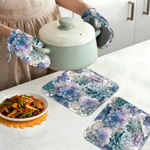 Succulent Botanical Floral Oven Mitts and Pot Holders Sets of 4 (Succulent Botanical Floral)