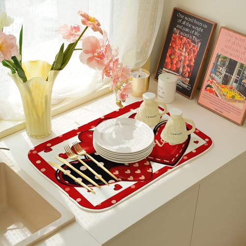 Valentines Dish Drying Mat 18x24 Inch Black Red Hearts Dish Drainer Protector Pad for Kitchen Counter Absorbent Holiday Love Drying Pad for Drainer Rack Kitchen Fast Dry (Love / 18" x 18")