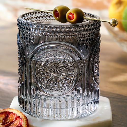 Ribbed Retro Arch Floral Smoke Grey Drinking Glasses Set of 6 (10 oz / Smoke Grey)