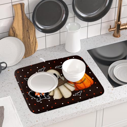 16"x18" Halloween Dish Drying Mat Spooky Pumpkin Ghost Black Cat Bats Kitchen Drainer Mats Holiday Gothic Reversible Microfiber Dish Drying Pad Small Size for Countertop Tabletop Decor (18" x 16")