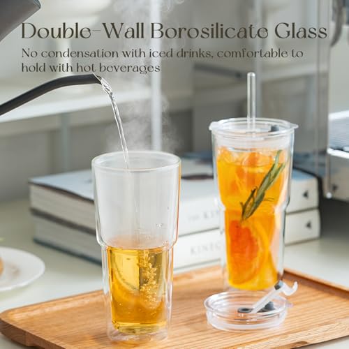 2PCS 20oz Double Wall Glass Tumblers with Lids and Straws