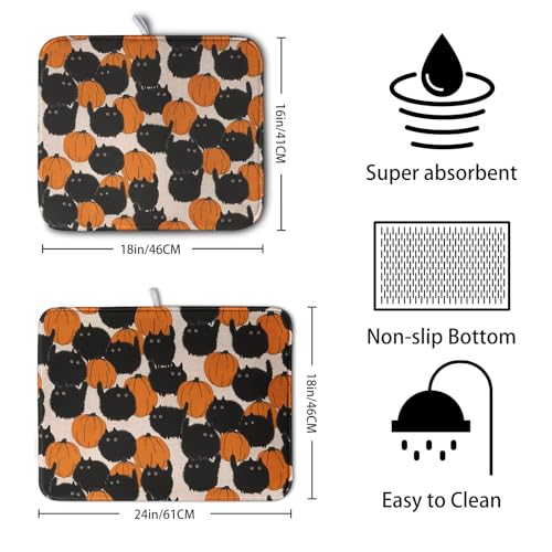 Happy Halloween Dish Drying Mat for Kitchen Counter 18x24 Inch Cute Pumpkin Black Cat Trick or Treat Drying Mats Large Microfiber Absorbent Dish Rack Pad for Coffee Bar Sinks Home Accessories (Halloween Cat / 18" x 24")