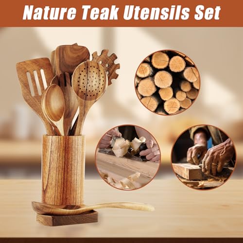 Wooden Spoons for Cooking (Cooking Utensil Set with Holder - 10 Piece)