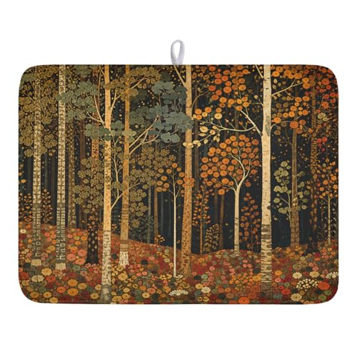 Fall Dish Drying Mat for Kitchen Counter Autumn Forest Vintage Botanical Nature Microfiber Dish Drainer Mat Antique Rustic Farmhouse Absorbent Washable Drying Pad 18"x24" (Fall Forest / 24" x 18")