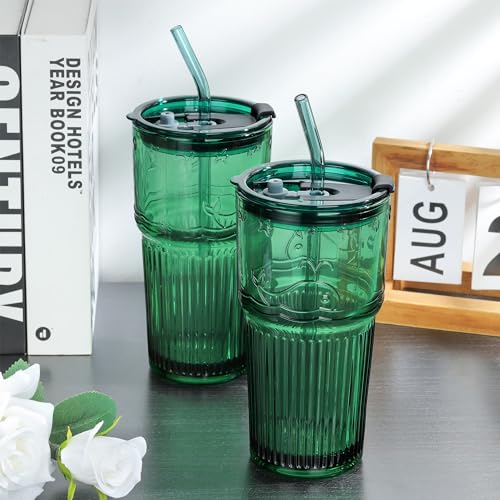Green Glass Tumbler with Lid and Straw (Green-3)