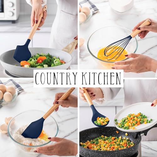 Non Stick Silicone Utensil Set with Rounded Wood Handles for Cooking and Baking (14 Piece Set / Navy)