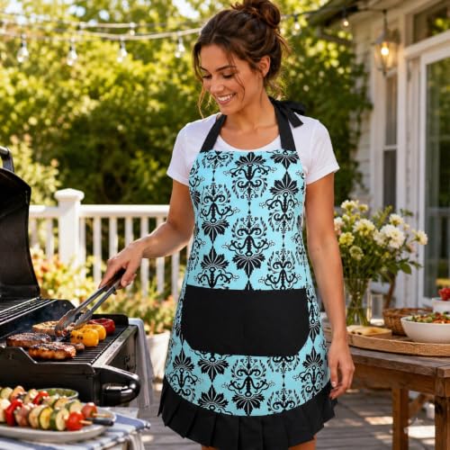 Cotton Vintage Damask Apron for Women (Blue-vintage)