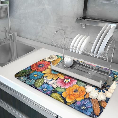 Boho Flower Dish Drying Mat (24" x 18")