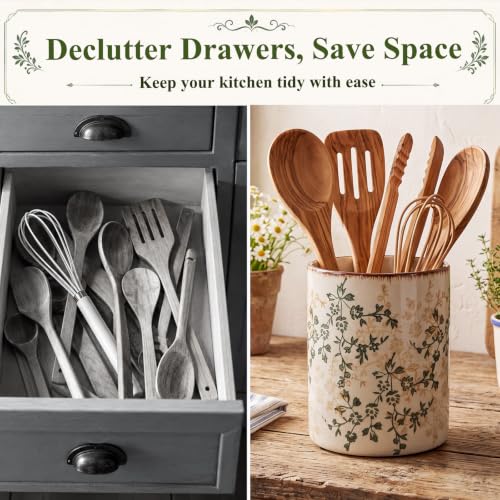 Rustic Ceramic Utensil Holder Brown Green Floral 6.9" (Brown Green Floral / 6.9" / Rustic)
