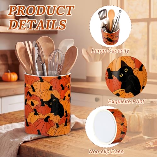 Fall Utensil Holder Black Cat Pumpkin for Fall Kitchen (Orange Pumpkin Cat)