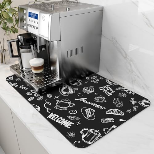 Coffee Mat Hide Stain Rubber Backed Absorbent Dish Drying Mat for Kitchen Counter (BLACK INK / 12"x19")