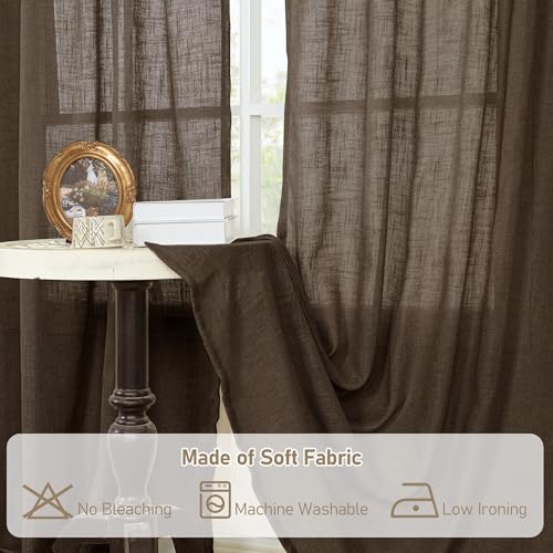 Semi Sheer Linen Curtains 45 Inches Long for Bedroom 2 Panels (52"W x 45"L (Pack of 2) / Dark Brown)