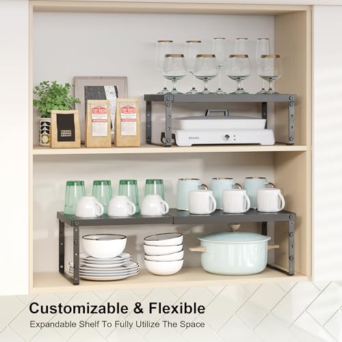 Expandable Cabinet Organizer Shelf With Adjustable Height (Black-1 Pack / 10.23"D*15.35-26.77"W x 7.5"H)