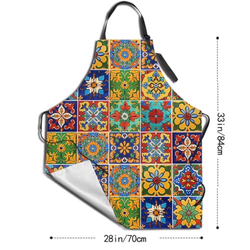 Mexican Tiles Chef Apron with 2 Pockets Adjustable Chef Aprons for Men Women Cooking Baking (33" x 28"(Pack of 1) / Mexican Tiles Coloful)