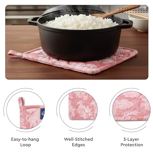 Oven Mitts and Pot Holders Set (Oven Glove + Pot Holder / Floral Red)