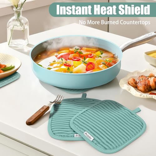 Oven Mitts and Pot Holder Sets with Silicone Grip (Mint Green)