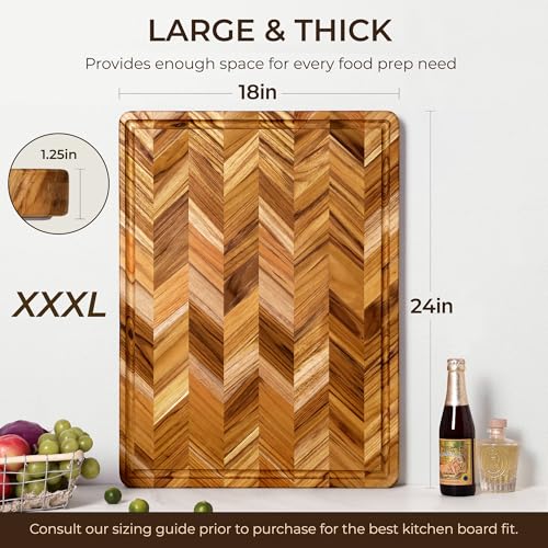 Teak Wood Cutting Board for Kitchen 24'' Extra Large End Grain Heavy Duty Checkered Cutting Board Non Toxic Best Handcrafted Solid Wood Decorative Charcuterie Butcher Block Meat Vegetables (24"L x 18"W x 1.25"H)
