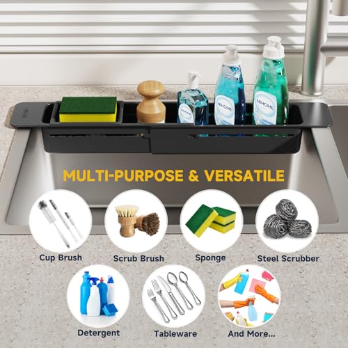Extendable Kitchen Sink Caddy Extra Long Brush Sponge Storage Holder (Extra Long / Black 1)