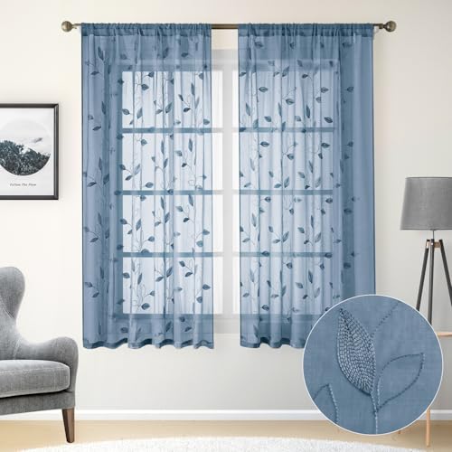 Stone Blue Sheer Curtains Floral Embroidered (52"W x 63"L (Pack of 2) / Stone Blue)
