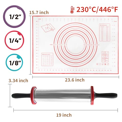 Rolling Pin Adjustable Rolling Pin with Thickness Rings (Silicone Mat-Black)