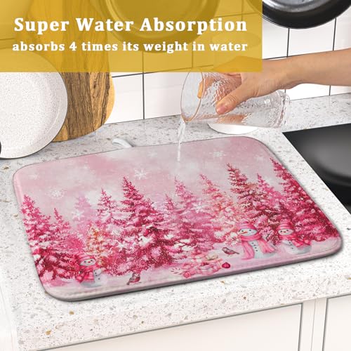 Pink Winter Dish Drying Mat Forest Washable Drying Matt Kitchen Counter Absorbent Coffee Mat for Women (Winter Forest Pink / 18" x 16")