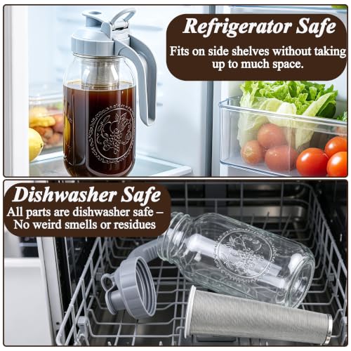 Cold Brew Coffee Maker 64oz Glass Mason Jar Pitcher with Pour Spout Lid (Gray / 64 Ounces)