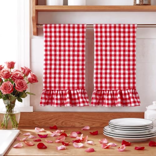 2 Pcs Red Gingham Kitchen Towels Cotton Ruffled (Red / Gingham)