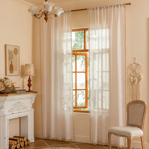 Natrual Curtains 84 Inches Long for Living Room Boho Semi Sheer Light Filtering Privacy Drapes for Bedroom (Z-natrual / 50"W x 84"L (Pack of 2))