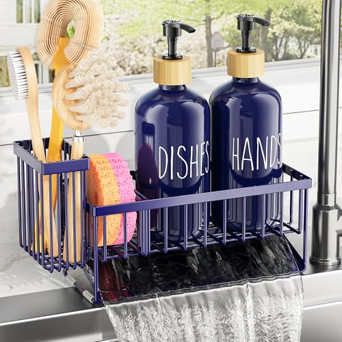 Kitchen Dish Soap Dispenser Set with 2 Pack 16.9oz Amber Glass Bottle and Sponge Holder (Navy Blue Set)