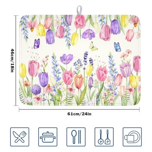Spring Floral Dish Drying Mat for Kitchen Counter Easter Tulip Lavender Flower Microfiber Dish Drainer Mat Rustic Farmhouse Absorbent Washable Drying Pad Extra Large 18"x24" (Spring Summer Tulip / 24" x 18")