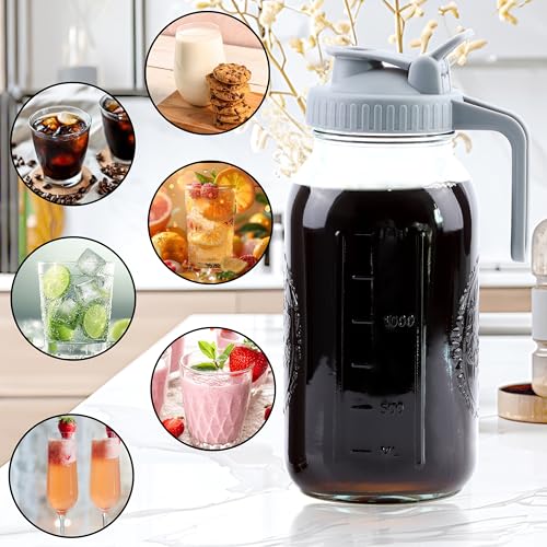Cold Brew Coffee Maker 64 Oz Mason Jar Cold Brew Pitcher With Strainer 2 Set Half Gallon Wide Mouth Glass Iced Coffee Maker With Spout Lids 2 Quart Glass Pitcher For Fridge (64 oz 2-Pack)