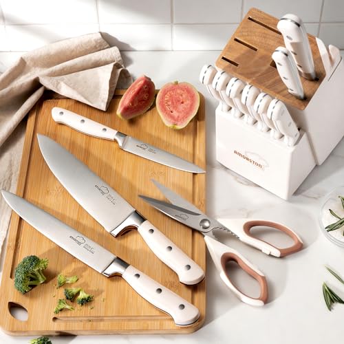 Knife Set Kitchen Knives Set with Block and Sharpener 14 Pcs Full Tang Knives German Stainless Steel Dishwasher Safe Kitchen Utensils Set with Ergonomic Handle Gifts for Women