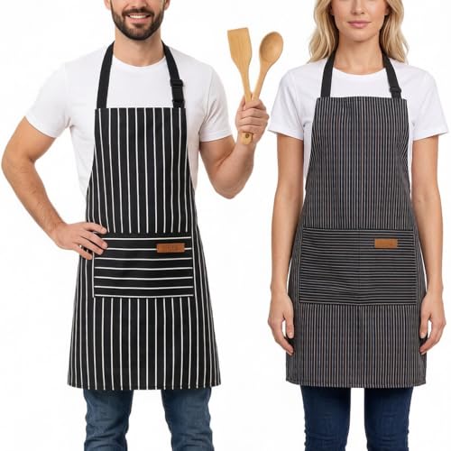 Aprons For Women With Pockets Chef Apron Bib Apron with 2 Large Pockets Adjustable Neck Strap Kitchen Apron Cooking Apron Stripes Baking Apron (Thick Black Stripes + Thin Black Stripes)