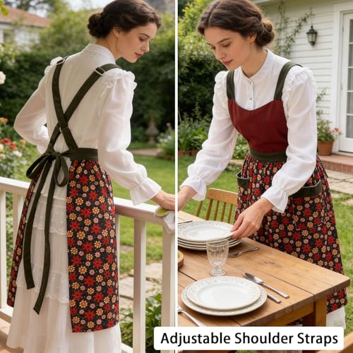 Pinafore Apron Dress for Women Adjustable Flower Work Aprons for Kitchen Cooking Baking Gardening with Pockets (Burgundy Red)