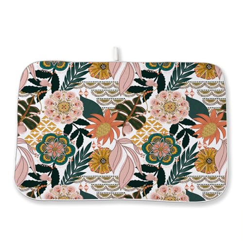 Boho Dish Drying Mat 18 x 24 Inch Pink Green Floral Drying Mat for Kitchen Counter Absorbent Bohemian Tropicla Leaves Spring Summer Dishes Dry Pad for Drainer Rack Kitchen Fast Dry (Boho Pink Green Floral / 18" x 18")