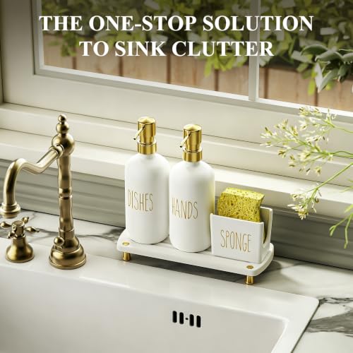 Kitchen Soap Dispenser Set Comes with Ceramics Sponge Holder (Gold + White + Sponge Holder)
