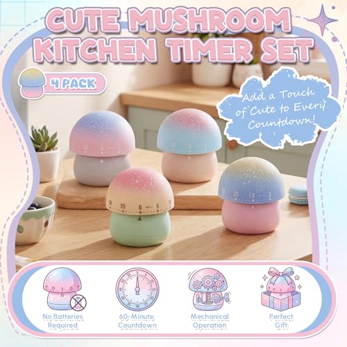4 Pcs Cute Mechanical Kitchen Timer Mushroom 60 Minutes (Mushroom)