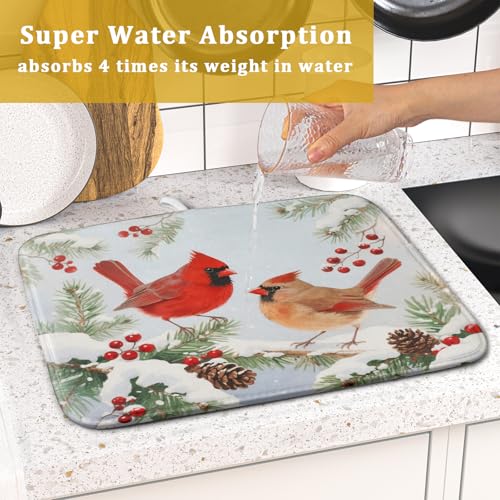 Winter Cardinal Bird Dish Drying Mat for Kitchen Counter 16x18 Christmas Snow Scene Theme Seasonal Absorbent Reversible Microfiber Drying Mats Kitchen Countertop Protector Dishes Drainer Pad (16" x 18")