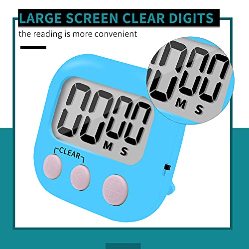 6 Pack Small Digital Kitchen Timer Magnetic Back and ON (Blue)
