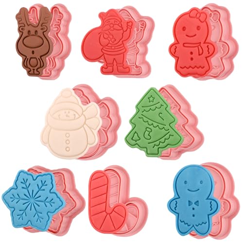 8Pcs Christmas Cookie Cutters with Plunger Stamp Set (Christmas)